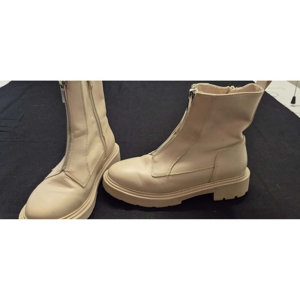 Zara women Ecru white ankle zip-up boots back pull-on tab front zip detail sz 36